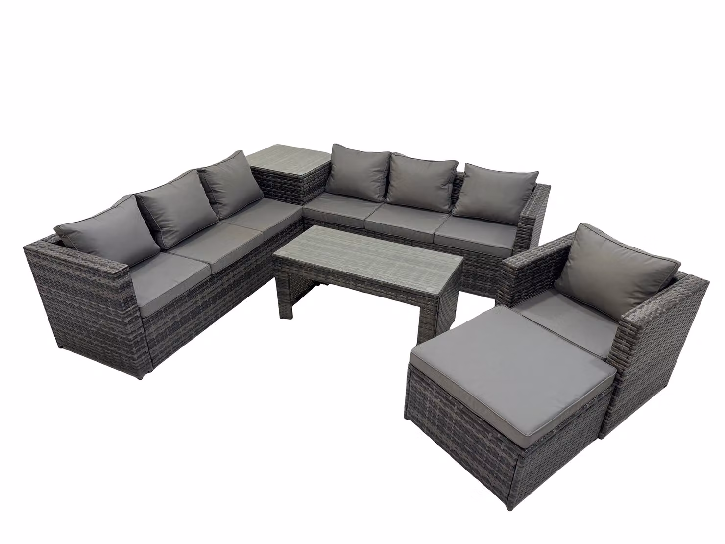 Fimous 8 Seater L-Shape Rattan Garden Furniture Set in Dark Grey with Upholstered Lounge Armchairs, Ottoman and Coffee Table – 2