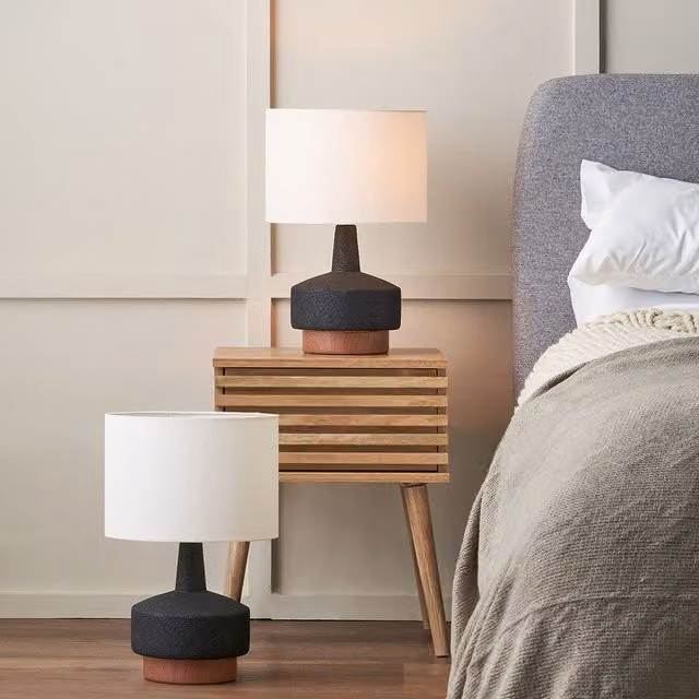 Ruma Set of 2 Elio Modern Black and Wood Effect Textured Ceramic Table Lamps