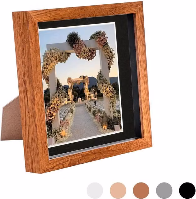 Nicola Spring 3D Box Photo Frame in Dark Wood and Black with 6 x 6 inch Mount, W/D/H: 20.32 x 20.32 x 20.32 cm