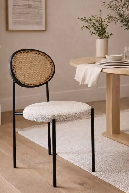 Fusion Living Paris Scandinavian Dining Chair in Cream Bouclé and Rattan with Metal Legs