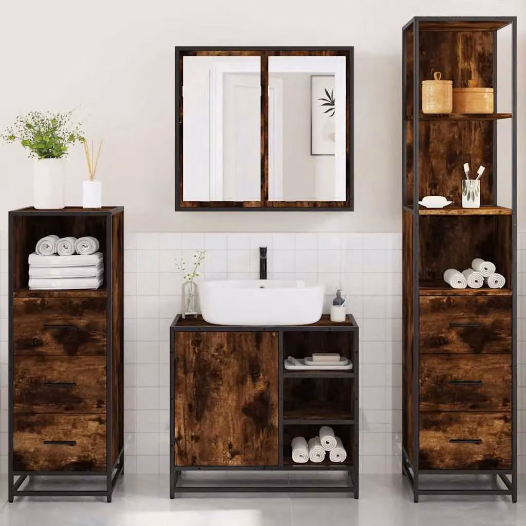 Berkfield Home 4-Piece Industrial Bathroom Furniture Set in Smoked Oak and Brown – 3