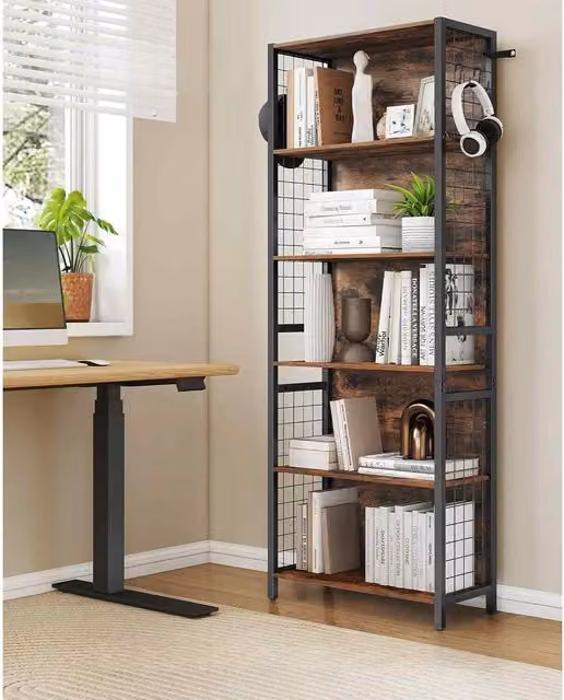 The Bazaarist 6 Tier Industrial Bookcase with 4 Hooks in Rustic Brown and Ink Black