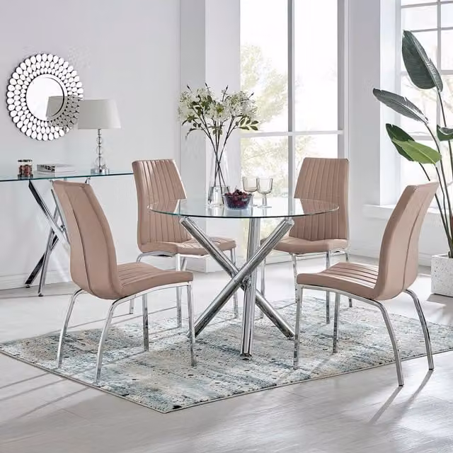 FurnitureboxUK Selina Round Glass Dining Table with Four Yellow Isco Chairs
