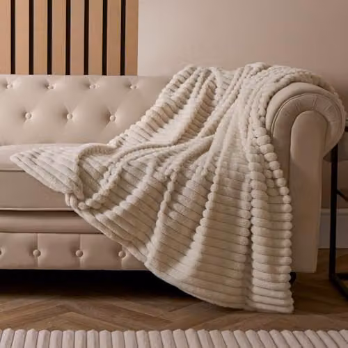 OHS Faux Fur Ribbed Fleece Throw Blanket in Beige and White, W/D/H: 200 x 240 cm – 2