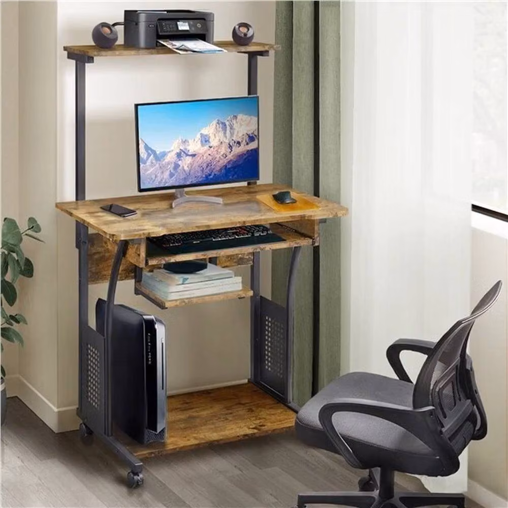 SPETLEK Rolling Computer Desk with Shelves in Rustic Brown and Silver – 3