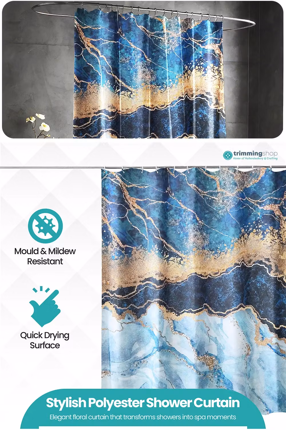 Neel Blue Abstract Blue Shower Curtain, Waterproof and Mould Resistant Polyester Bathroom Curtain, W: 180 cm, H: 180 cm – 3