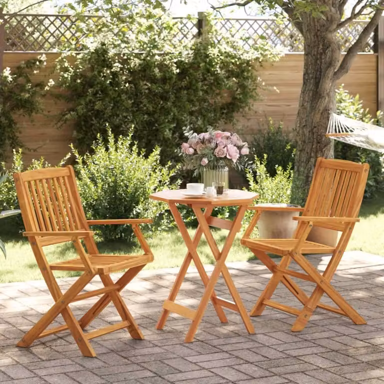 Berkfield Home Beautiful 3 Piece Folding Bistro Set in Brown Solid Acacia Wood, W/D/H: 60 x 60 x 75 cm