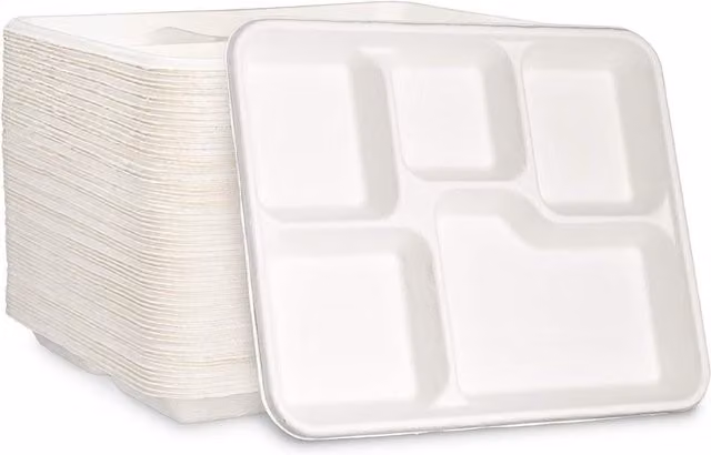 ECONX 100 Pack White Disposable 5 Compartment Bagasse Food Trays, Microwave Safe