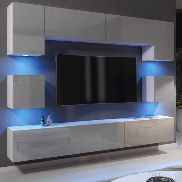 Mex Furniture LTD Panorama Wall Mounted TV Unit with White and Grey Glossy Doors and Integrated LED Lighting (W: 242 cm, H: 35 cm, D: 40 cm) – 1