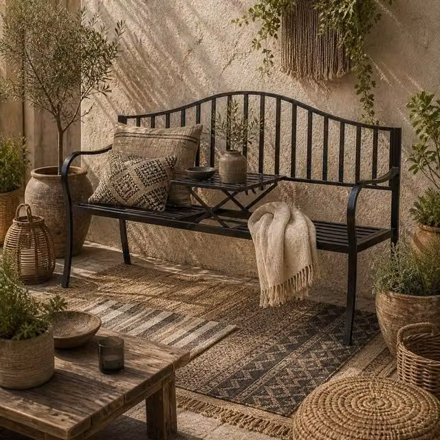 Wyld Haus Modern Metal Garden Bench with Integrated Centre Table in Matt Black, Width: 150 cm