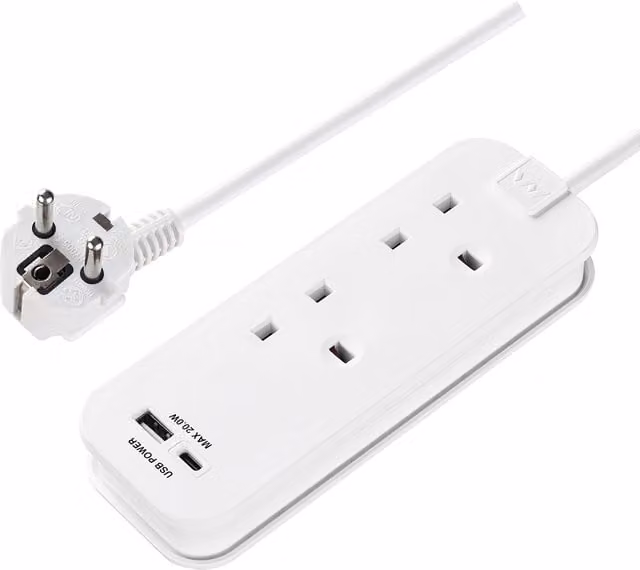 Masterplug UK to Europe Charging Station with USB-A and USB-C Ports, White