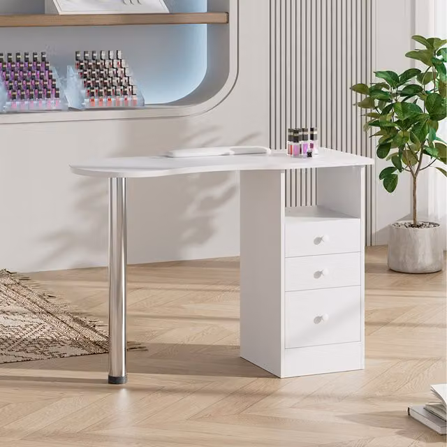 Komore Modern White Nail Desk with 3 Drawers and Central Support Column