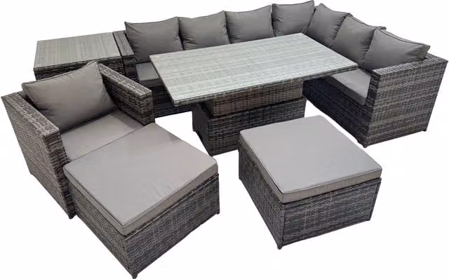 Fimous 9-Seater PE Rattan Corner Sofa Set with Rising Table in Dark Grey Mixed