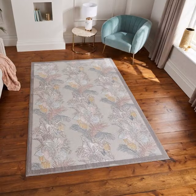 Laurence Llewelyn-Bowen Tropicana Floral Rectangular Rug in White, Grey and Multicolour