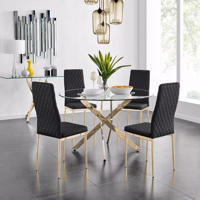 FurnitureboxUK Novara Gold Round Glass Dining Table and Four Milan Chairs in Black