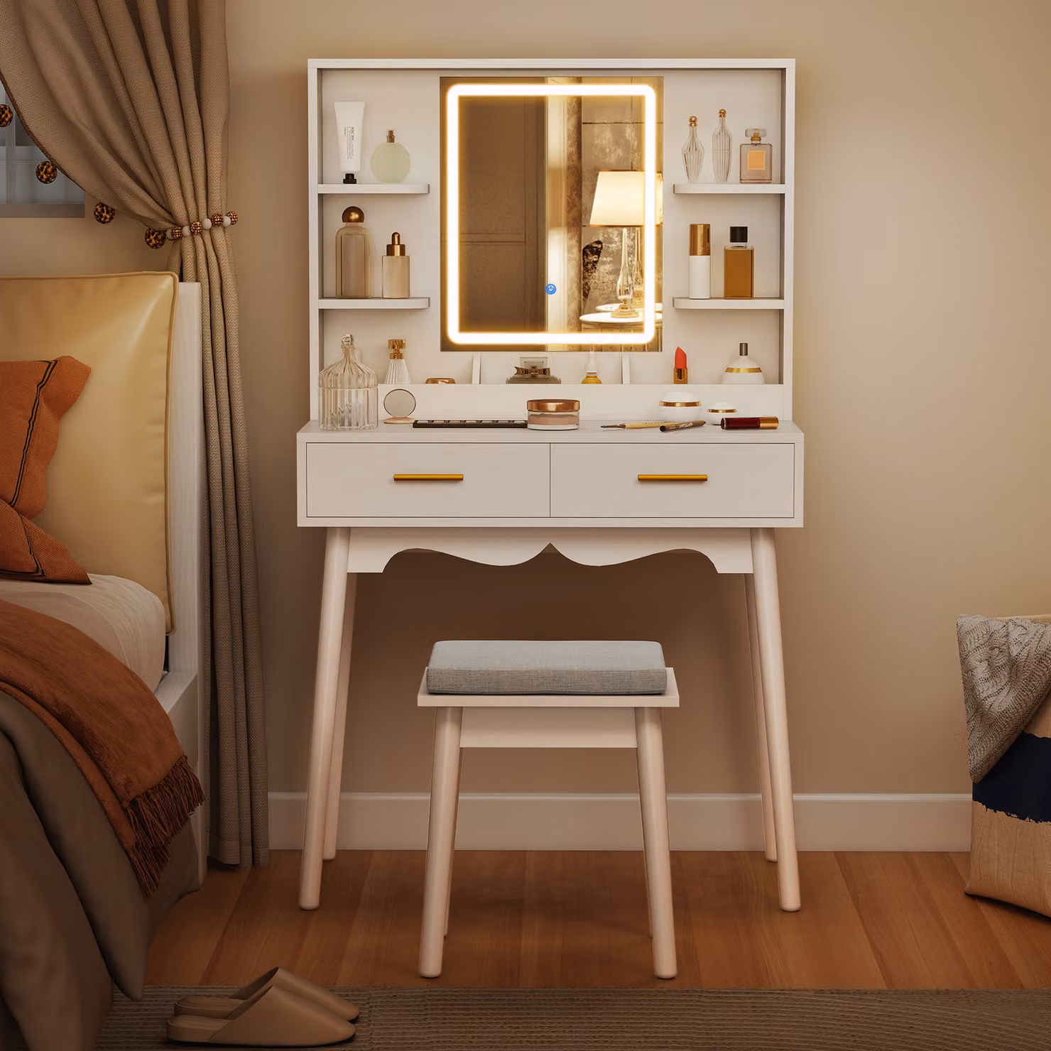 HOMCOM Elegant Modern Dressing Table with LED Mirror in White and Gold – 4