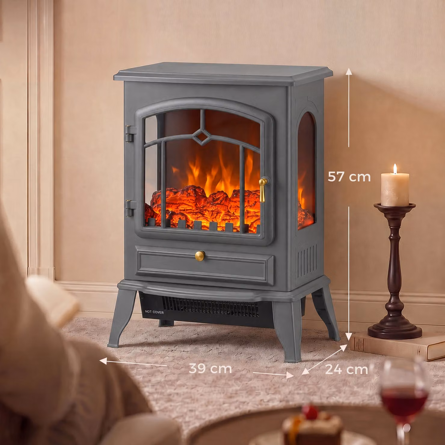 HOMCOM Electric Fireplace Stove, 1000/2000W 3-Sided Freestanding Fireplace Heater with 3D Flame Log and Thermostat, Grey – 3