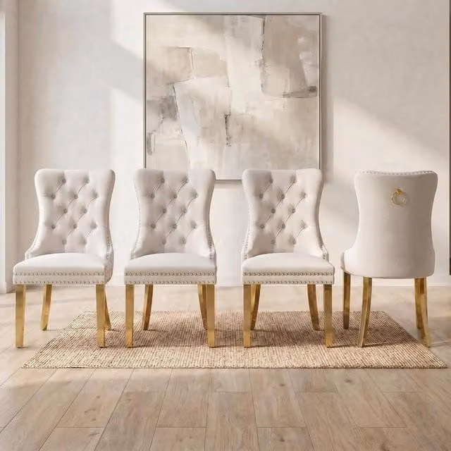 HomeTouch Set of 4 Lux Velvet Dining Chairs with Gold Metal Legs in Beige – 1