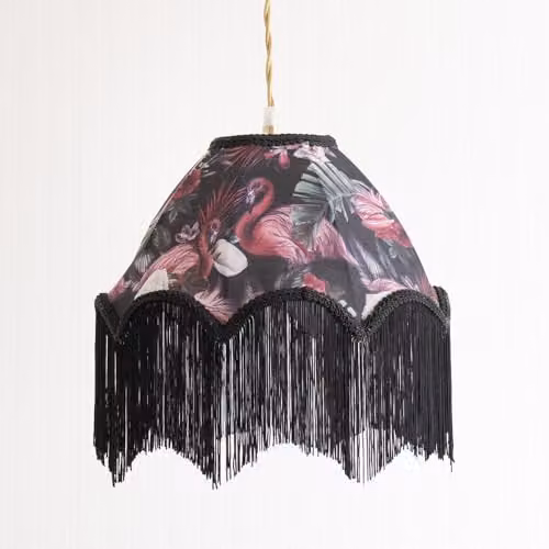 ValueLights Rosette Scalloped Flamingo Fabric Lamp Shade in Multicolour with Black Tassels and LED Bulb, Width: 30 cm – 2