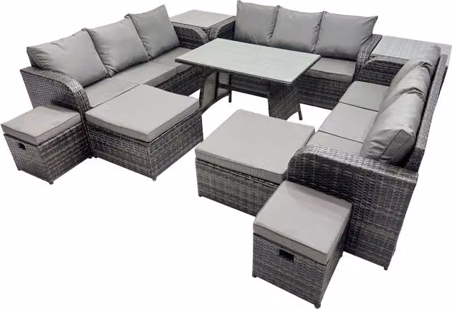Fimous 13-Seater Dark Grey Rattan and Galvanised Steel Outdoor Garden Furniture Set with Sofas, Tables and Cushions