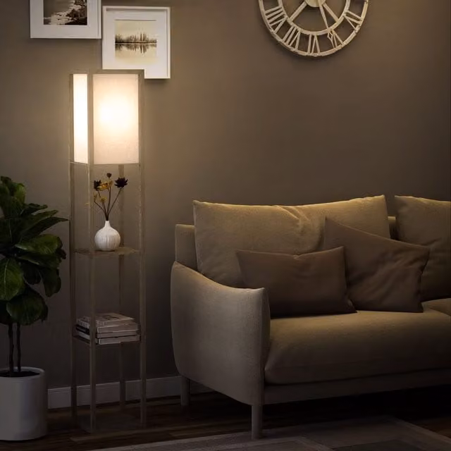 HOMCOM Floor Lamp with 3-Tier Storage Shelf in Beige