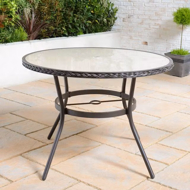 Outdoor Essentials Padstow Round Outdoor Table in Brown with Metal and Glass Construction
