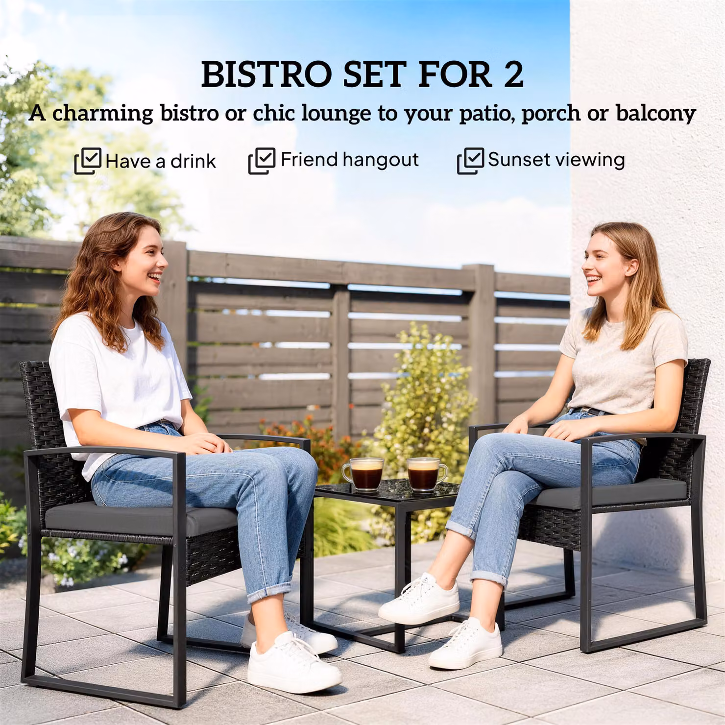 Outsunny 3 Piece Rattan Bistro Set with Glass Top Table and Cushions in Grey – 4