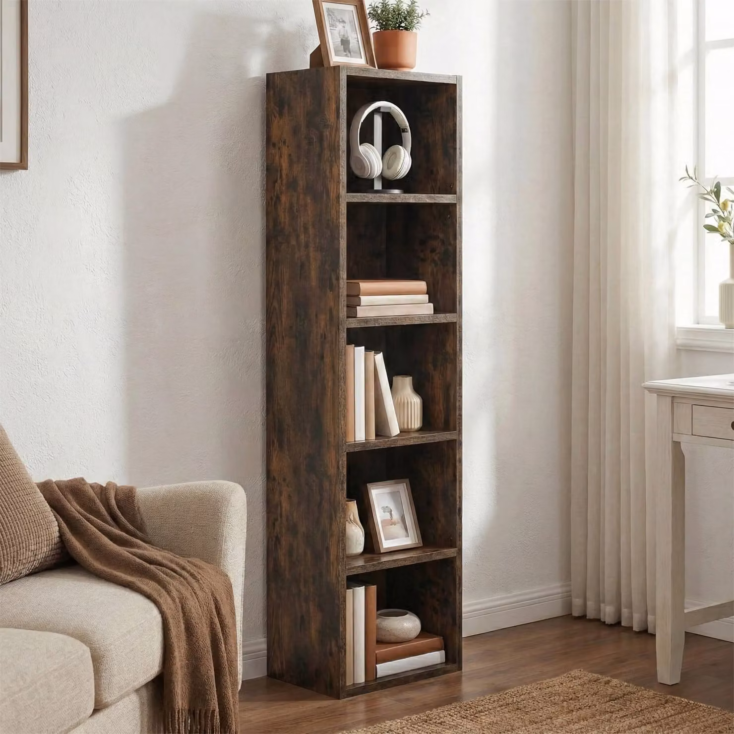 Rustic 5-Shelf Cube Storage Unit and Tall Narrow Bookshelf with Back Panel