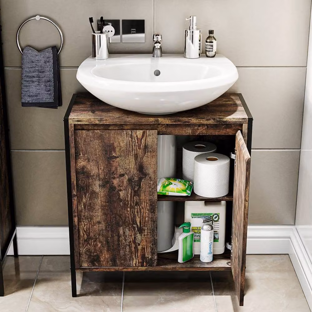 Home Discount Lana 2 Door Undersink Bathroom Cabinet in Dark Brown Rustic Wood Finish – 3