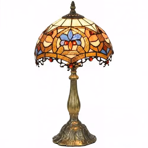 HOMCOM Art Nouveau Stained Glass Tiffany Table Lamp in Blue and Multicolour, W/D/H: 25 x 25 x 45 cm – 1