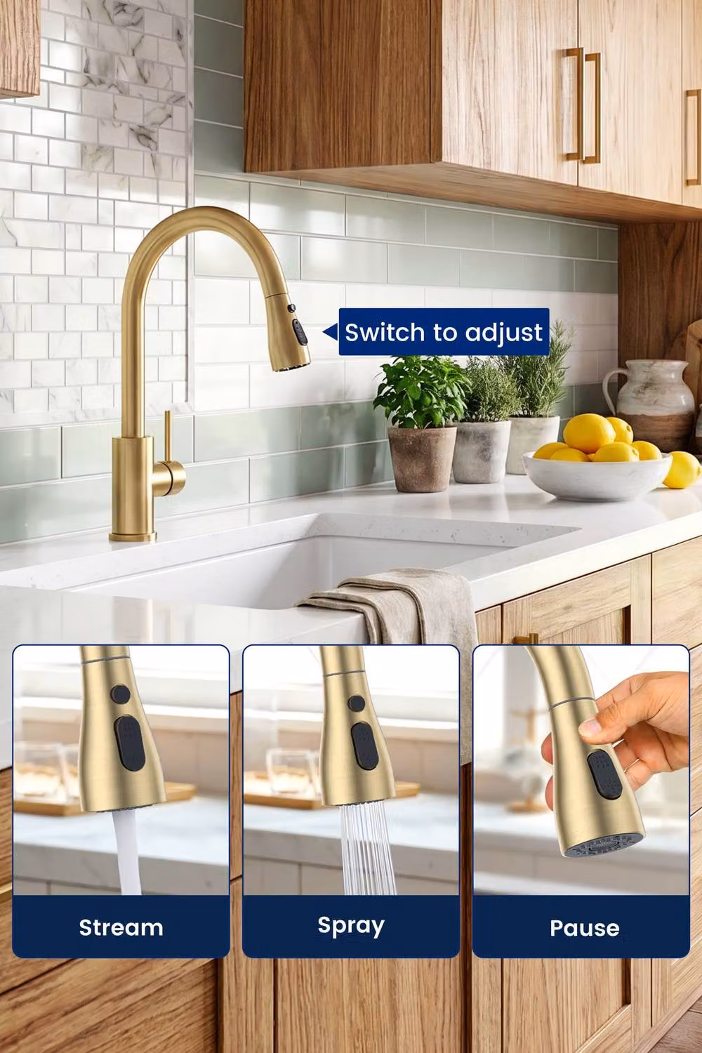 JANLEMNY Brushed Gold Kitchen Mixer Tap with Single Lever and 3-Mode Pull-Out Spray Spout – 2