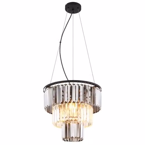 Globo Lighting Black Metal Chandelier Pendant Light with Smoke Glass Crystals and 3 x E27 Bulbs, H 120 cm x W 40 cm x D 40 cm