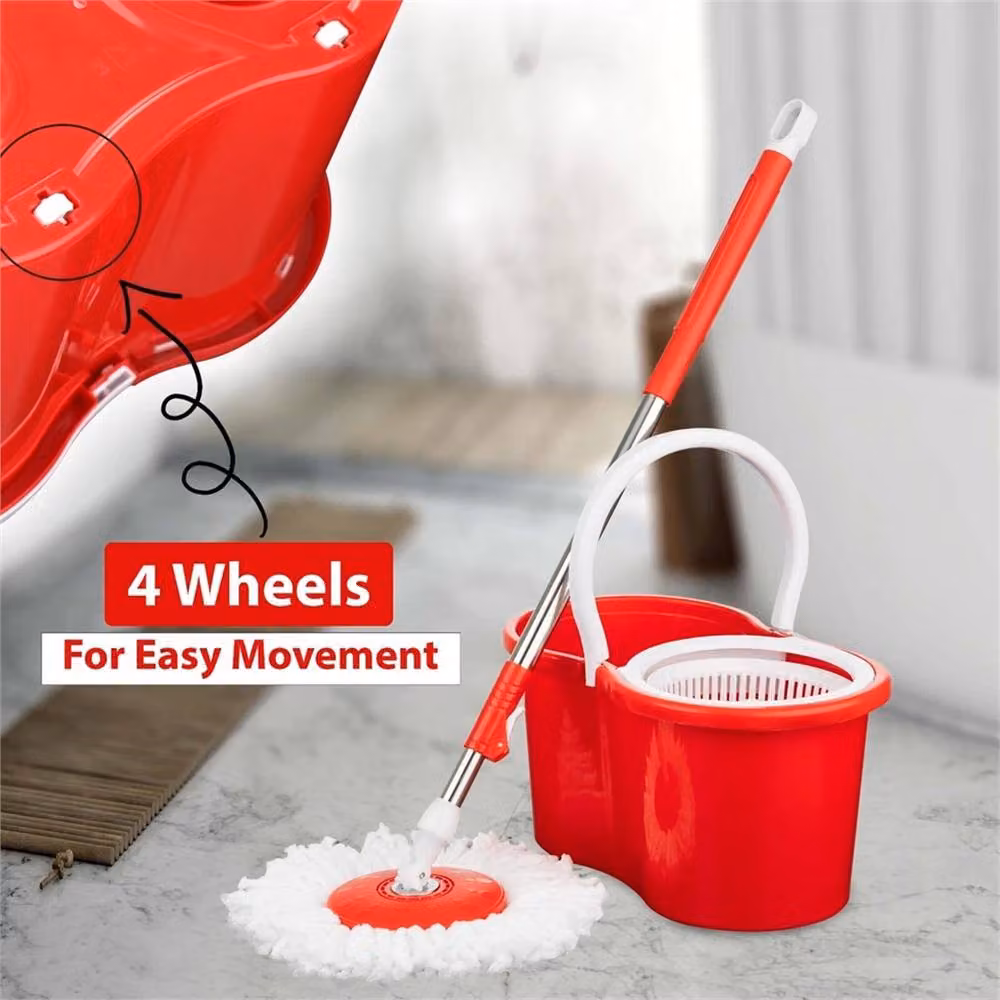 Kelvenix Red MOP Bucket Set Floor Magic Spin Dry in Red with Telescopic Handle and Microfibre Refillable Head – 2