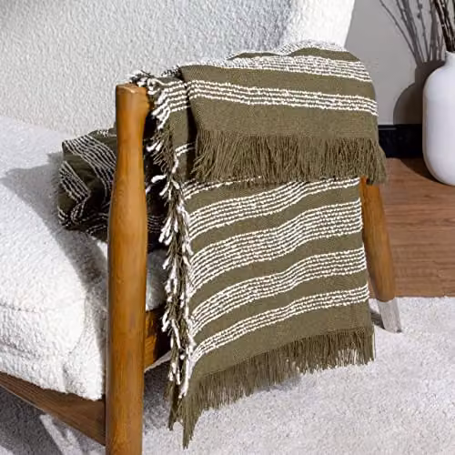 Riva Home Woven Striped Throw with Fringes, Green, W: 130 cm, L: 180 cm – 2