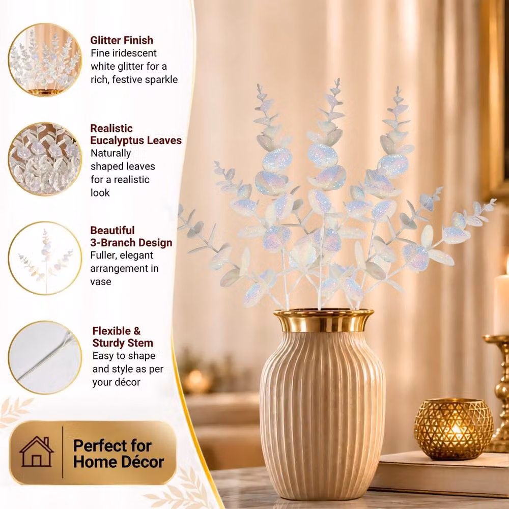 Shatchi White Glitter Artificial Eucalyptus Christmas Decoration Picks, 6 Pack, Height: 55 cm – 3