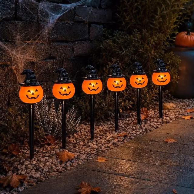 Marco Paul Set of 6 Battery Operated Orange and Black Halloween Pumpkin LED Garden Stake Lights