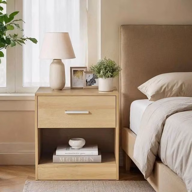 VOGREX Bedside Nightstand with Drawer and Open Compartment in Natural – 1