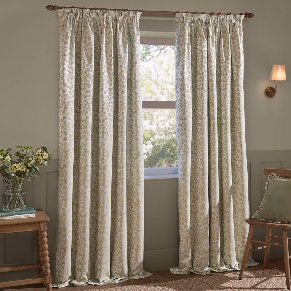 Wylder Grace Leaf Jacquard Fully Lined Pencil Pleat Curtain Pair in Pale Green, Width: 168 cm, Drop: 137 cm – 2