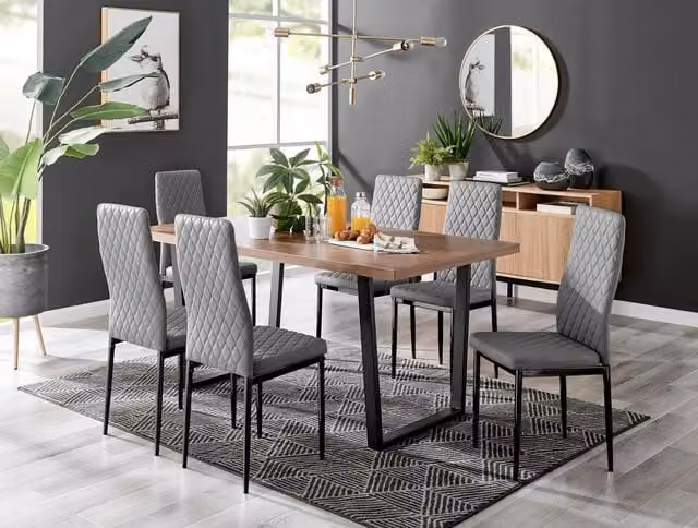 FurnitureboxUK Kylo Large Brown Wood Effect Dining Table and 6 Milan Grey Faux Leather Chairs with Black Legs