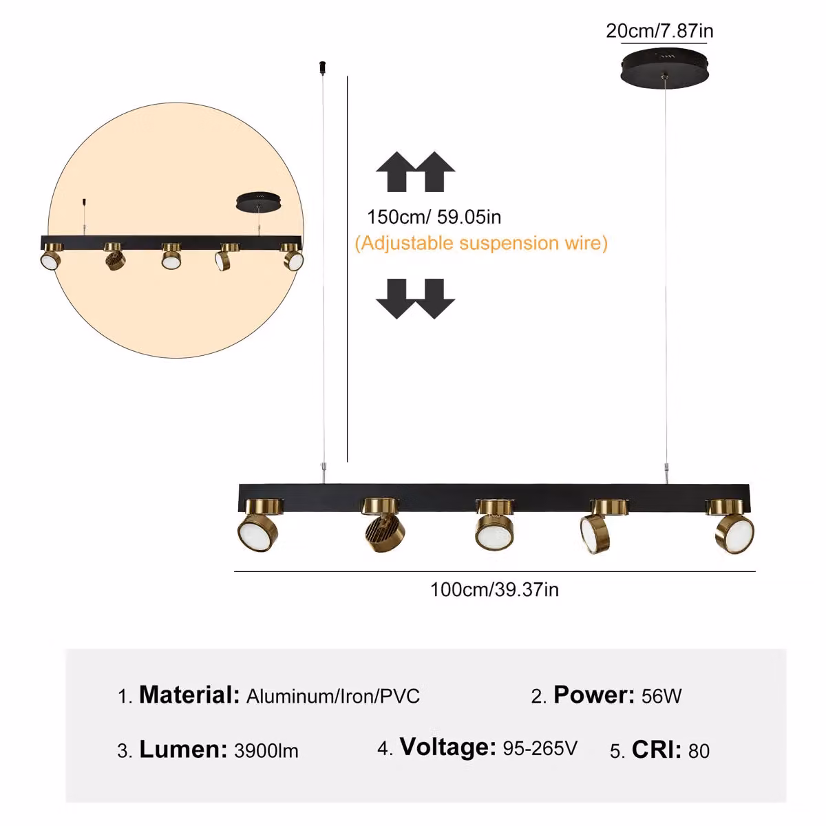 Garwarm 5 Light Modern Linear LED Kitchen Island Pendant in Black and Gold/Brass – 2