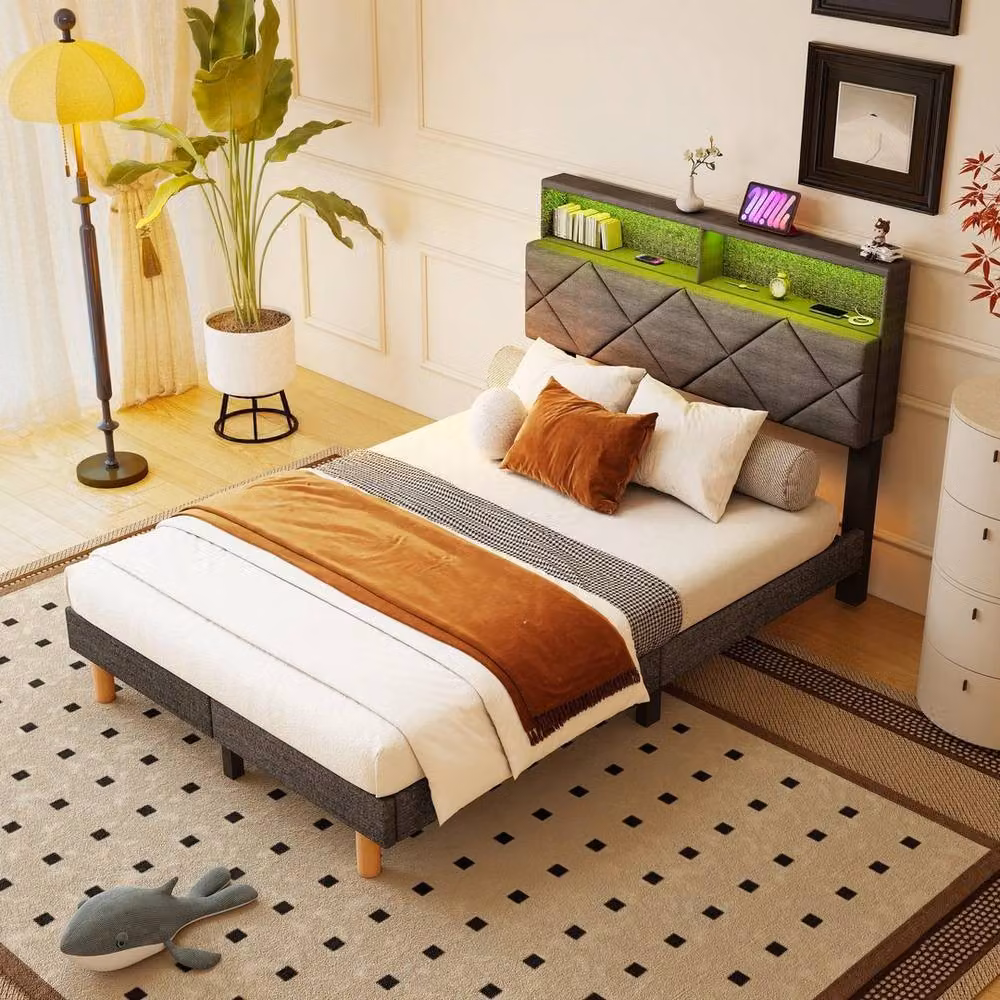 EONLION Grey Upholstered Double Bed Frame with Dimmable RGB Under-Bed Lighting, W: 140 cm, L: 200 cm – 3