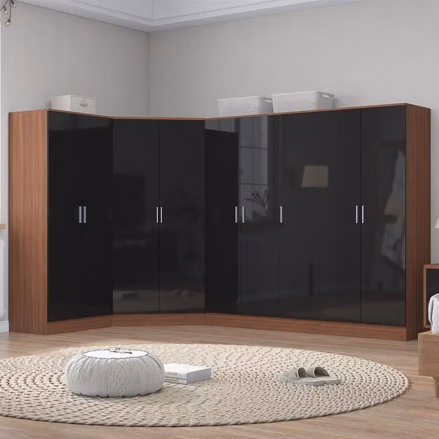 Reflect 4pc Wardrobe Bundle in Black Gloss and Walnut, H 180 cm x W 367 cm x D 103 cm