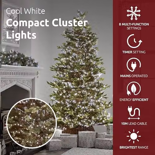 Shatchi 1000 LED Cool White Compact Cluster Fairy Lights with 8 Modes and Timer, Green Cable – 1