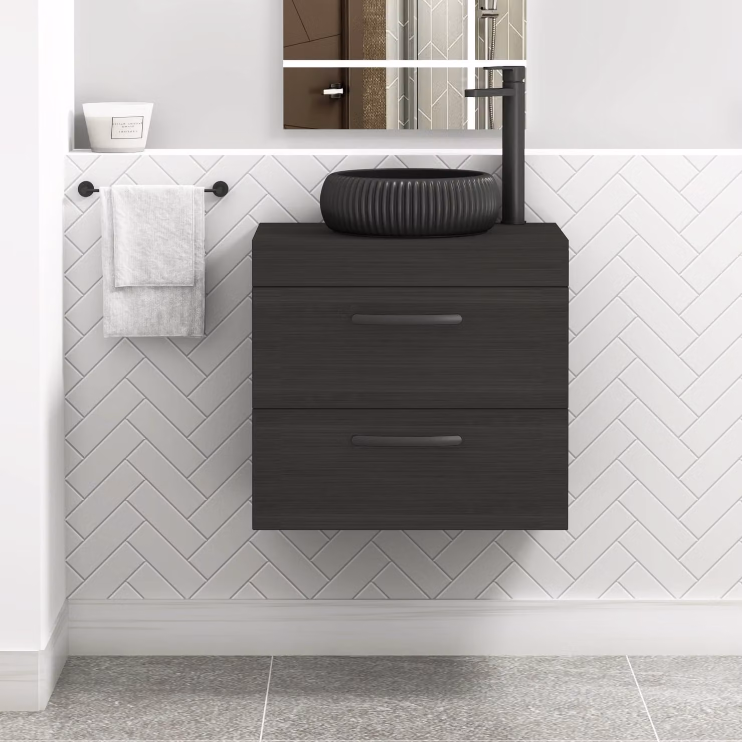 Royal Bathrooms Turin 600mm Wall Hung Vanity Unit with 2 Drawers in Charcoal Oak and Milan Black Countertop Basin