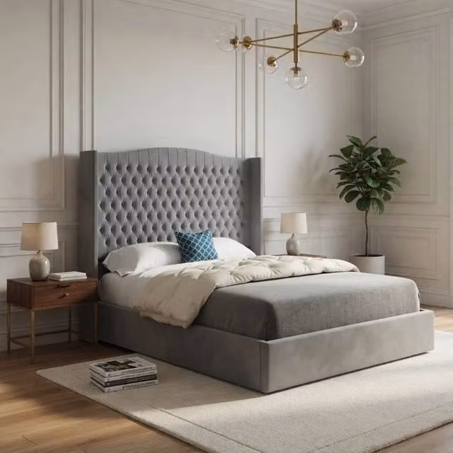 Casani Rotherwick Winged Upholstered Grey Velvet Designer Bed Frame, W: 140 cm x L: 200 cm