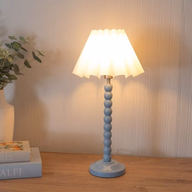 ValueLights Bobbins Powder Blue Table Lamp with Scallop Tapered Fabric Shade and LED Bulb – 1