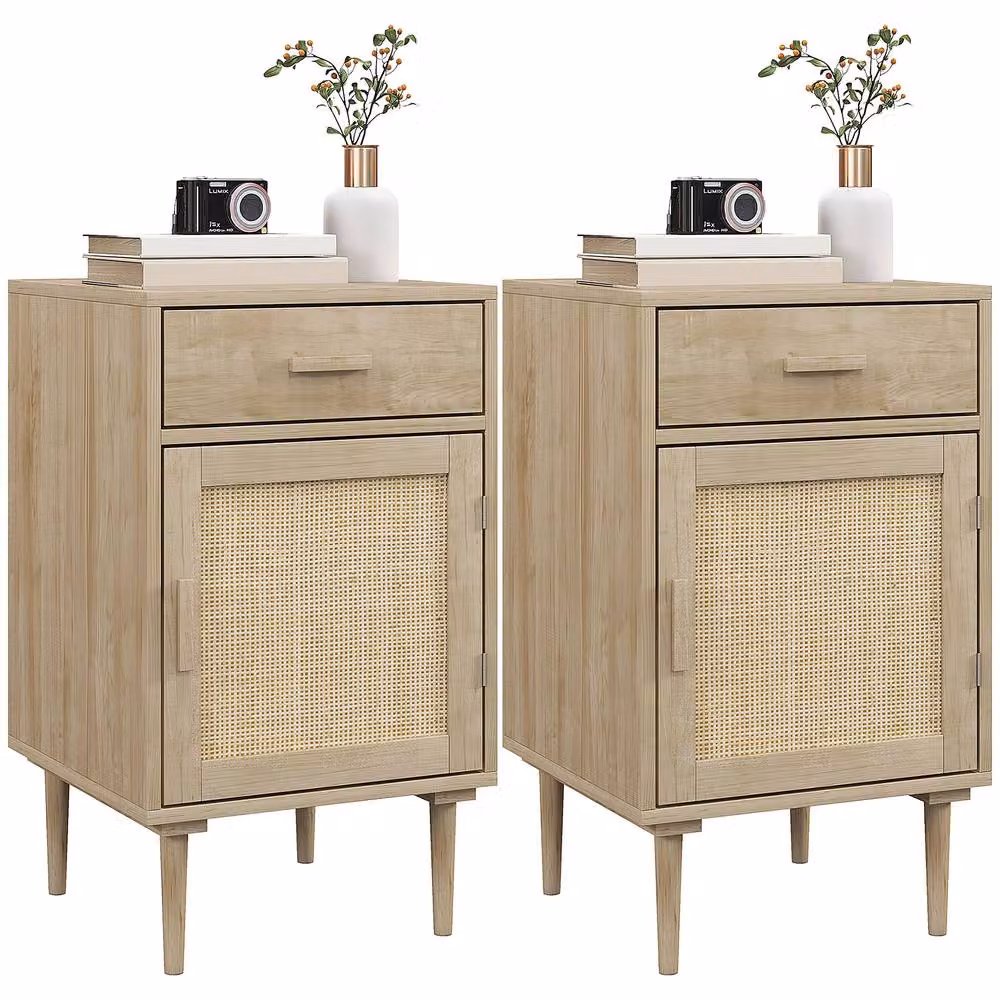 HOMCOM Set of 2 Rattan Bedside Tables in Sand and Brown with Geometric Boho Design, W/D/H: 40 x 40 x 68.5 cm – 2