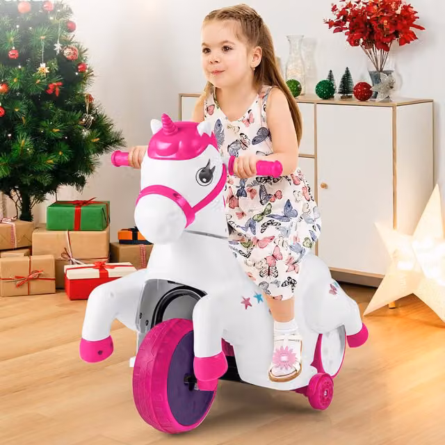 Costway Pink Electric Unicorn Ride On Toy with Light and Sound Effects