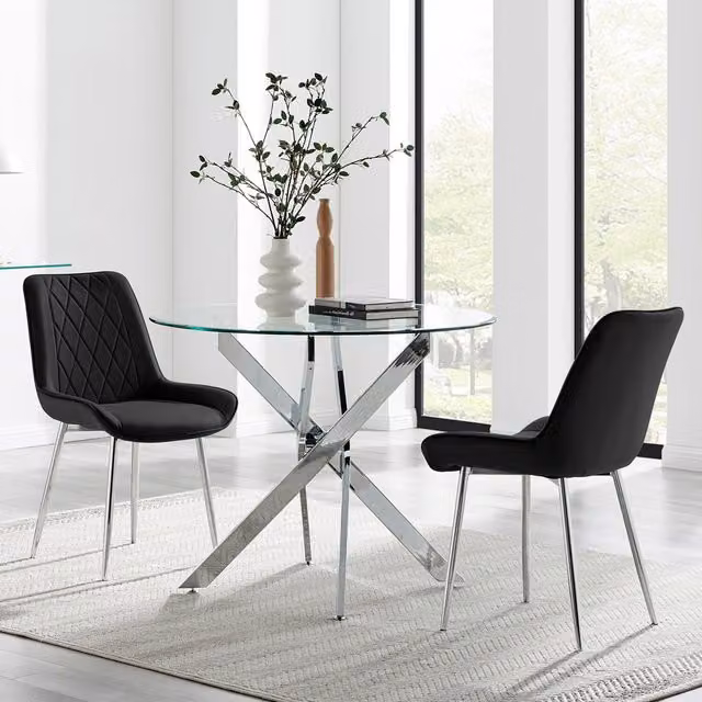 FurnitureboxUK Novara Round Glass Kitchen Dining Table and 2 Pesaro Silver Leg Chairs, Black, Diameter: 100 cm