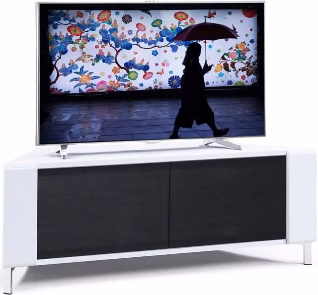 MDA Designs Corvus Modern Glossy TV Corner Cabinet in White and Black with Glass, W/D/H: 120 x 45 x 48 cm